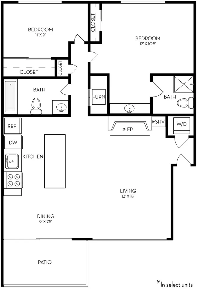 2 Beds, 2 Baths B12 floor plan